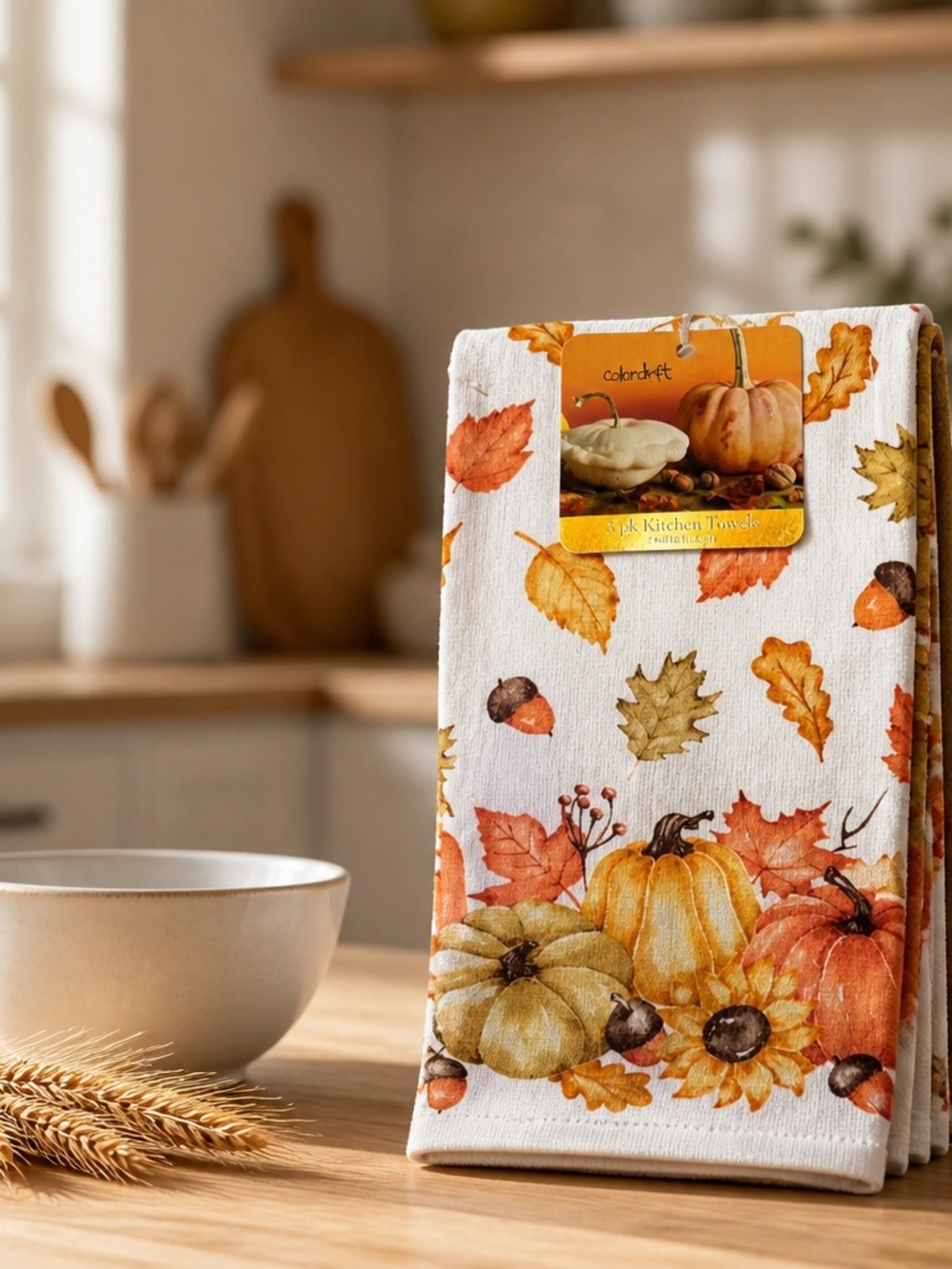 3 pair bundle Autumn Harvest Printed Kitchen Towels - Orange & Cream